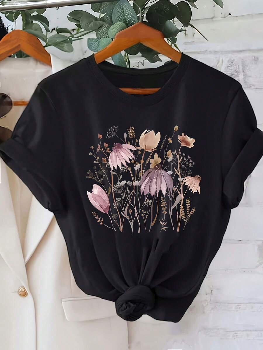 1 camiseta con estampado de acuarela en rosa claro y morado -- top casual de manga corta, corte holgado adecuado para uso diario, ropa de mujer de talla grande a la moda/lavable a máquina, 180g 100% algodón. - Negro - Ver 1