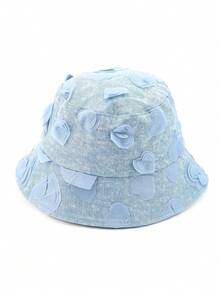 1pc Denim Blue 3D Heart Decor Bucket Hat, Distressed Denim Fabric, Layered Sweet & Design, Wide Brim Flatters Face Shape, Creates Youthful Look - Fisherman's Hat - View 3