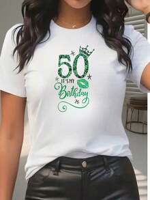 Camiseta Casual de Moda para Mujer, Diseño Verde Brillante con Corona y Estampado de Labios para Celebración de 50º Cumpleaños, Ideal para Atuendos Festivos de Primavera y Verano, Regalo Per - Blanco - Ver 5