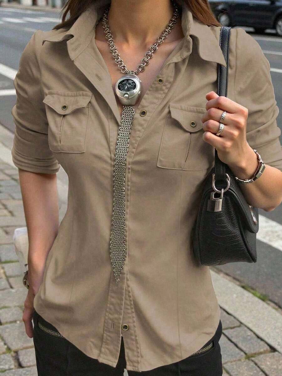 Camisa informal de manga larga en color caqui con cintura ceñida y utilidad, vestimenta casual para exteriores y para ir al trabajo, otoño - Marrón Mocha - Ver 1
