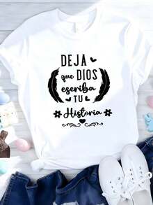 1 camiseta inspiradora para mujer con cita en español - Deja que Dios escriba tu historia - Cuello redondo casual, manga corta, ligera, moda primavera-verano, idea de regalo espiritual, inspiración, 180g, 100% algodón. - Negro 2 - Ver 10