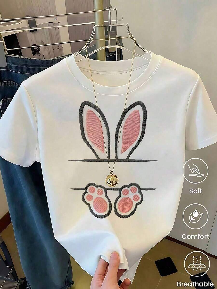Women's White T-Shirt With Rabbit Ears And Paws In Leopard Print, Fashionable Animal Print Tee, Casual Summer Blouse With Cute Bunny Design, Aesthetic And Fun Top For Everyday Wear Or As A Gift - Pure-Cotton - 白色2 - 查看 1