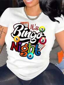 1 pieza Camiseta Gráfica de Bingo para Mujer, Cuello Redondo Casual, Manga Corta, Patrón Geométrico, Largo Regular para Todas las Temporadas, 180g Algodón 100% - Blanco - Ver 7