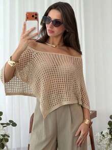 2026  Chal elegante de estilo bohemio para vacaciones de mujer, jersey holgado de punto sin hombros con bajo asimétrico, parte superior ligera de protección solar - Albaricoque - Ver 4