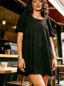 Baby Doll Mini Dress For Women Summer Solid Color Loose Bubble Short Sleeve Scoop Neck Dress - màu đen - Xem 4