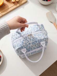 Insulated Lunch Bag For Women Men Waterproof Thermal Insulated Lunch Box Bento Pouch Dinner Insulation Bag Student Thickened – Cute Floral, Bow & Strawberry Print, Corduroy Lunch Tote With Handle & Zipper, Large Capacity Cooler Bag For Work, School, Picnic, Camping, Perfect Christmas Gift For Family, Friends, Teachers & Moms - 藍色花卉 - 查看 5