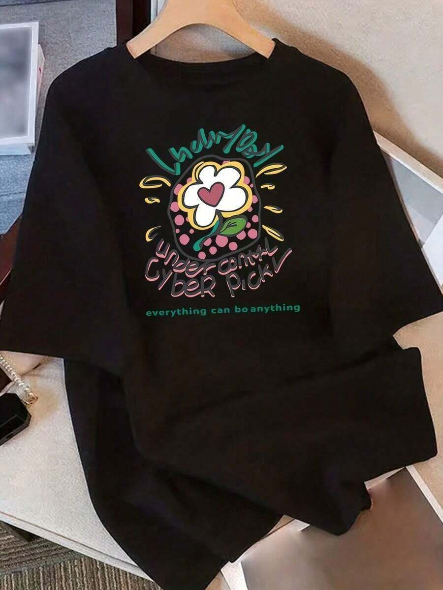 ropa de mujer Camiseta de manga corta con estampado floral y de dibujos animados para mujer - Corte holgado, 100% algodón, blanca con diseño "Everything Can Be Something", camiseta casual de verano para atuendos informales, top de corte relajado. | Camiseta con diseño lindo | Machine Washable camisas de mujer - Negro - Ver 1