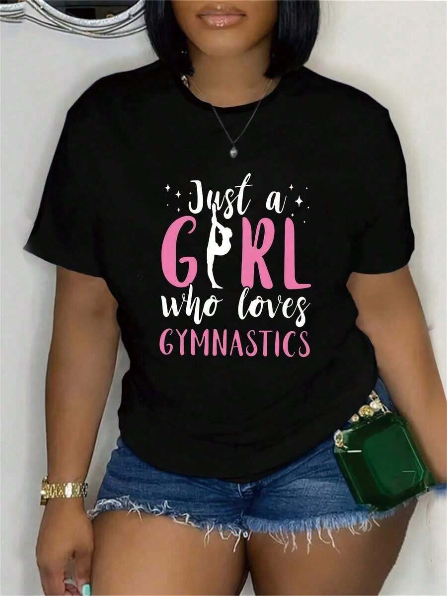 Camiseta Vintage de Algodón Talla Grande con Estampado 'Just A Who Loves Gymnastics' - Camiseta Negra Casual de Cuello Redondo y Manga Corta para Mujer, Ajuste Cómodo de Poliéster Suave para Uso Diario - Negro - Ver 1