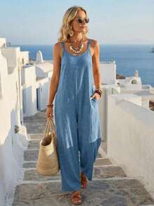 Modern Jumpsuit, Solid Khaki Color, Wide Leg Design For Women - Peacock Blue - View 7