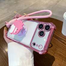 1pc Cute Cartoon Silicone Mini Dinosaur Stand + Woven Wrist Strap, Foldable Multi-Function Stand With 4-Corner Air Cushion Anti-Drop, Transparent, Compatible With IPhone 17 Pro Max/17 Pro/17/Air/16 Pro 16 Pro Max [International Version, Not Domestic], Galaxy S26/S26 Plus/S26 Ultra, - Pink - View 3