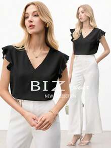 Blusa de mujer con cuello en V y mangas con volantes en verde menta, versátil para usar en primavera/verano, adecuada para Pascua, Día de San Patricio, casual, romántica, retro de los 90, fiesta, playa, graduación, vacaciones, invitada de boda, br - Negro - Ver 9