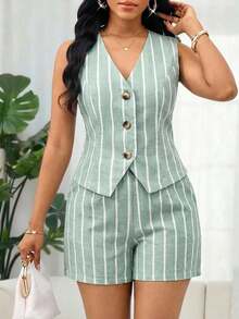 Lady Conjunto de 2 piezas de chaleco y pantalones cortos a rayas de verano casual para mujer - Multicolor - Ver 10