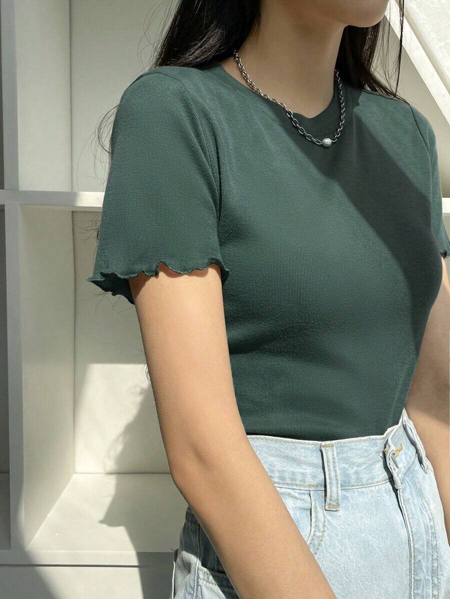Blusa de punto acanalado con ribete de lechuga, estilo preppy de verano - Verde Oscuro - Ver 1