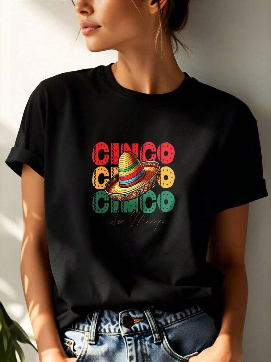 1 Piece Of Short-Sleeved T-Shirt, 100% Cotton, Casual Style, With Cinco De Mayo Print And Colorful Mexican Hat, Ideal For Summer Theme Parties For Women - 黑色 - 查看 1