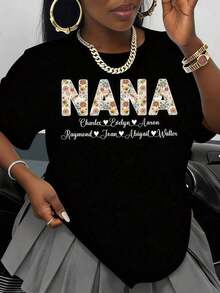 TrendyCamiseta Personalizada Con Diseño De Letra Floral Nana Y Nombres De Familia (Charles, Evelyn, Aaron, Raymond, Joan, Abigail, Walter) Como Regalo Para La Abuela En Primavera Y Verano Summer Clothes,Graphic TeesEveryday Wear - Negro - Ver 6