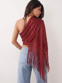 1pc Metallic Shiny Shawl With Round Buckle & Tassel Decor, Suitable For Evening Party, Wedding - Red - View 3