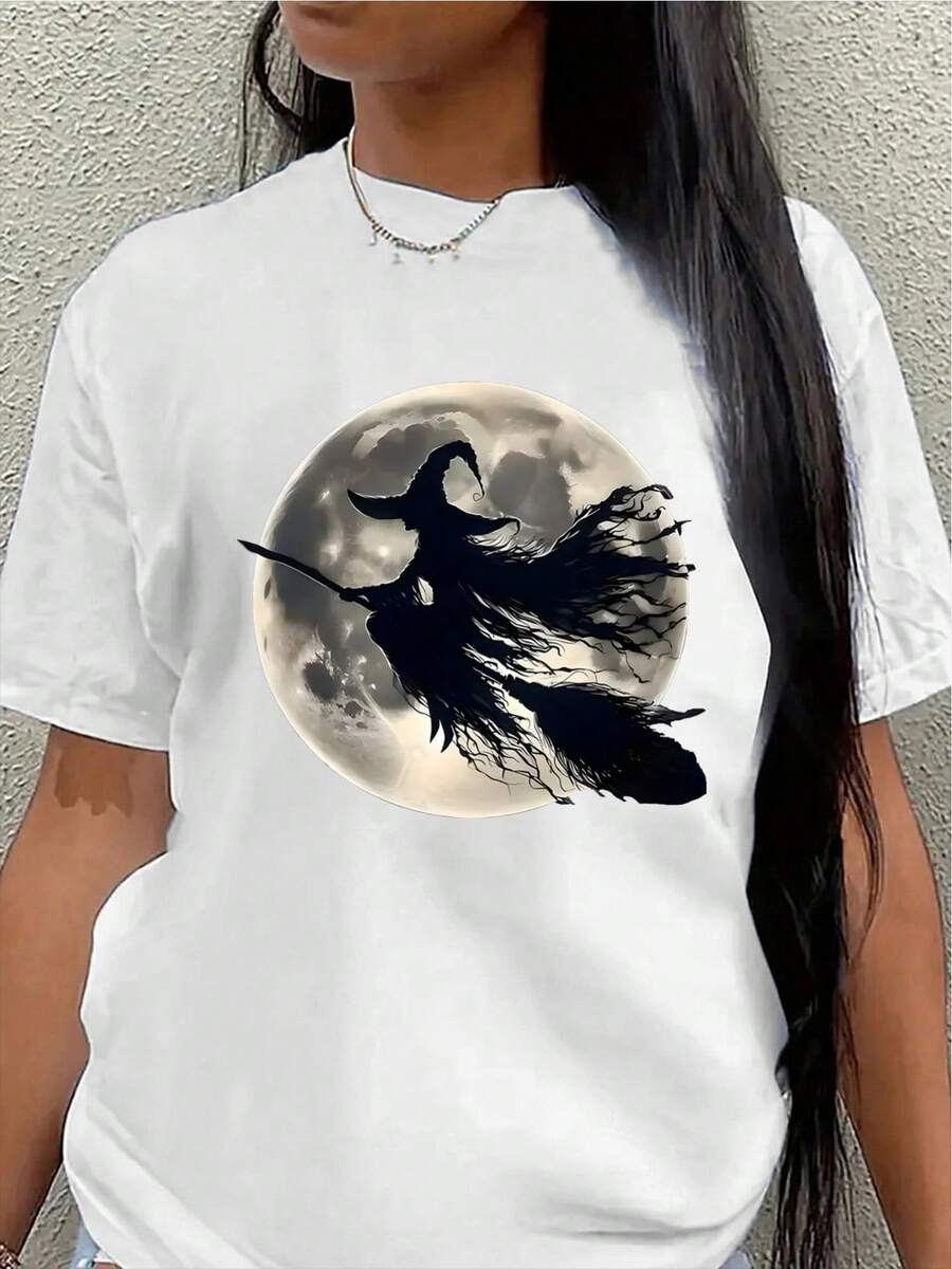 Camiseta de poliéster de manga corta, con diseño de una bruja montada en una escoba sobre una luna llena, ligera y duradera, adecuada para fiestas de Halloween, uso diario o temas de decoración del hogar, disponible en múltiples colores para adultos. - Blanco - Ver 1