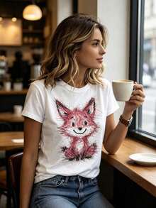 Una camiseta de mujer, top casual de manga corta con cuello redondo, lavado a máquina, blusas para mujer - Blanco - Ver 4