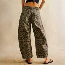 Women's Jeans Section: Women's Horseshoe-Shaped Barrel Jeans, Mid-Waist Wide-Leg Jeans, Loose Fit, Slim Tapered Leg Casual Jeans. - 深色豹紋 - 查看 3