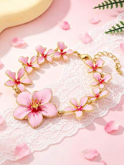 1 pieza Brazalete con flor de Sakura rosa, brazalete de esmalte de alta gama exquisito, brazalete floral delicado, diseño único de lujo, regalo para el cumpleaños de la mejor amiga