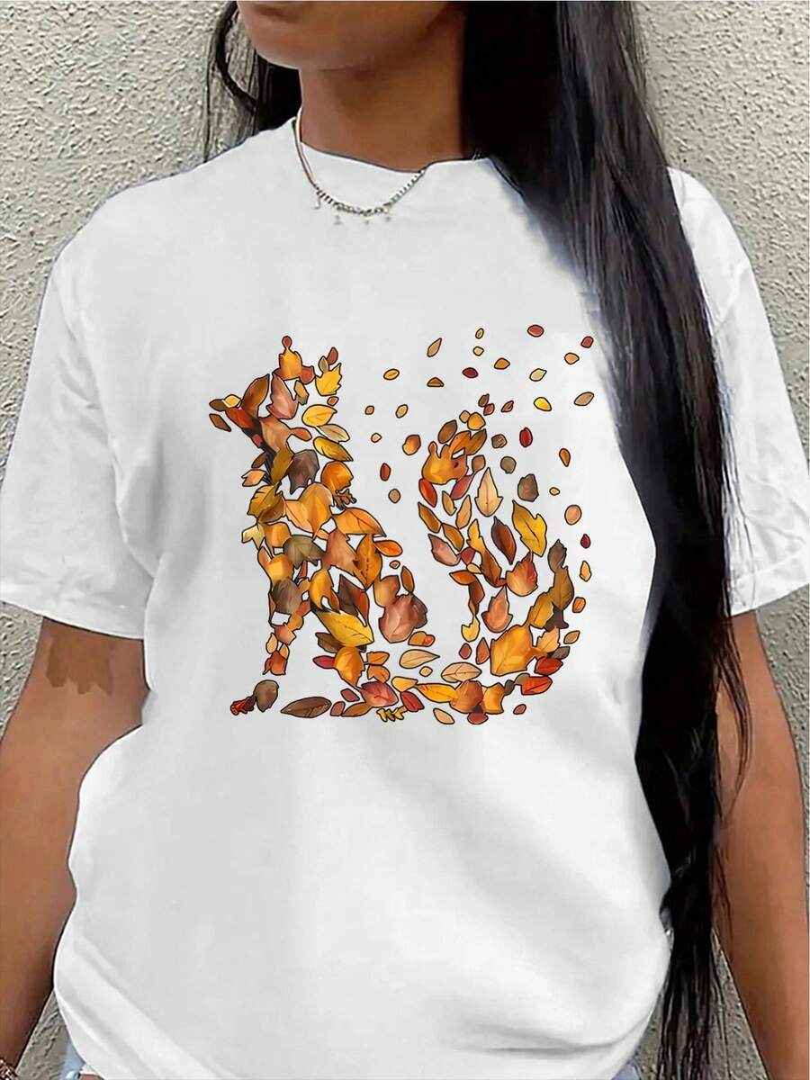 Camiseta de manga corta, ligera y duradera, diseñada con un patrón de hojas otoñales, es perfecta para uso casual en casa o actividades al aire libre, ofreciendo un ajuste cómodo, adecuada para el uso diario en la sala de estar o en una cafetería. blusa casual mujer - Blanco - Ver 1
