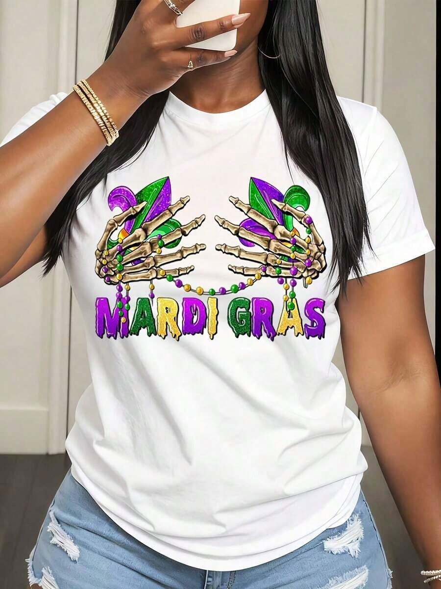 Camiseta Casual para Mujer con Estampado de Manos de Esqueleto con Cuentas y Plumas para Celebración de Fiesta de Mardi Gras - Blanco - Ver 1