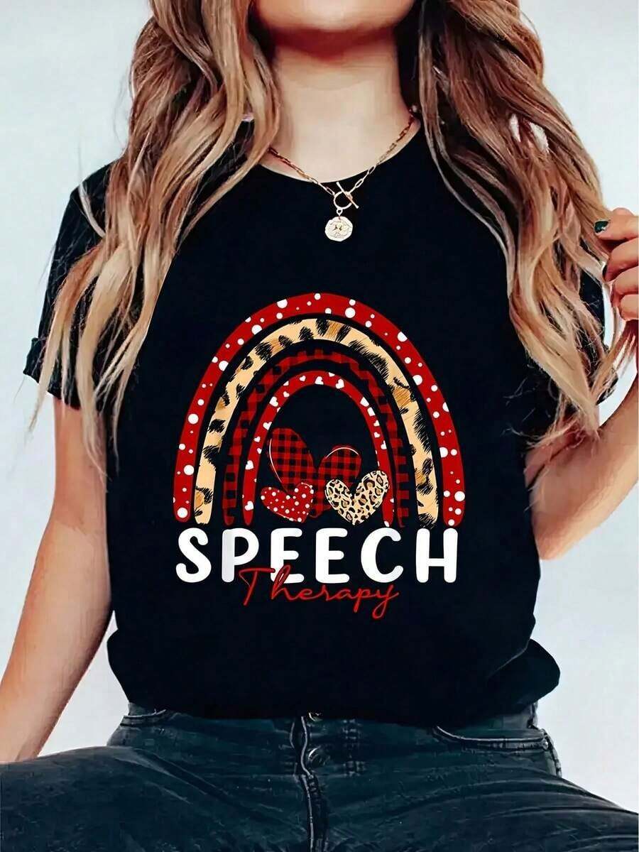 Camiseta única y moderna con diseño de arcoíris en tonos vibrantes y detalles de leopardo, ideal para la terapia del habla, perfecta para los amantes del estilo y2k, cómoda y versátil para cualquier ocasión, ¡hazla tuya y destaca tu estilo! - Negro - Ver 1