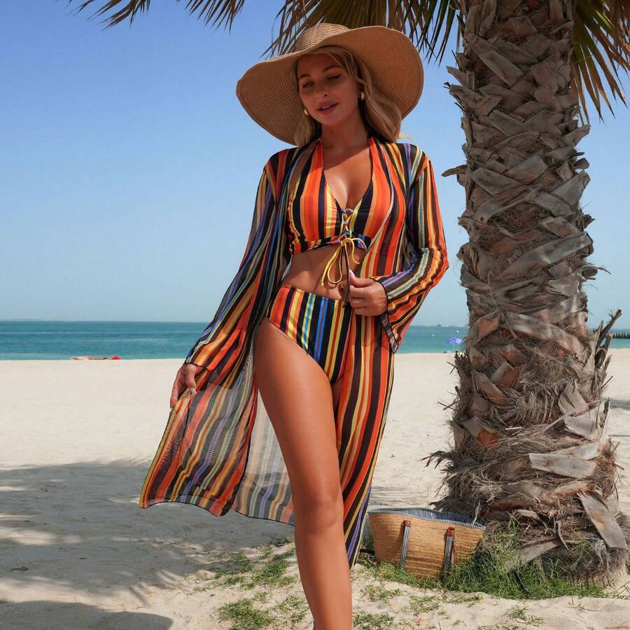 Traje de baño de tres piezas a rayas de nuevo estilo y a la moda con bikini de cobertura. - Patrón 1 - Ver 1