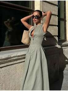 Vestido Mujer Primavera Verano Cuello Redondo Liso Sin Mangas con Cremallera Estilo Casual Oficina Elegante Estilo Europeo Disponible - Verde - Ver 8
