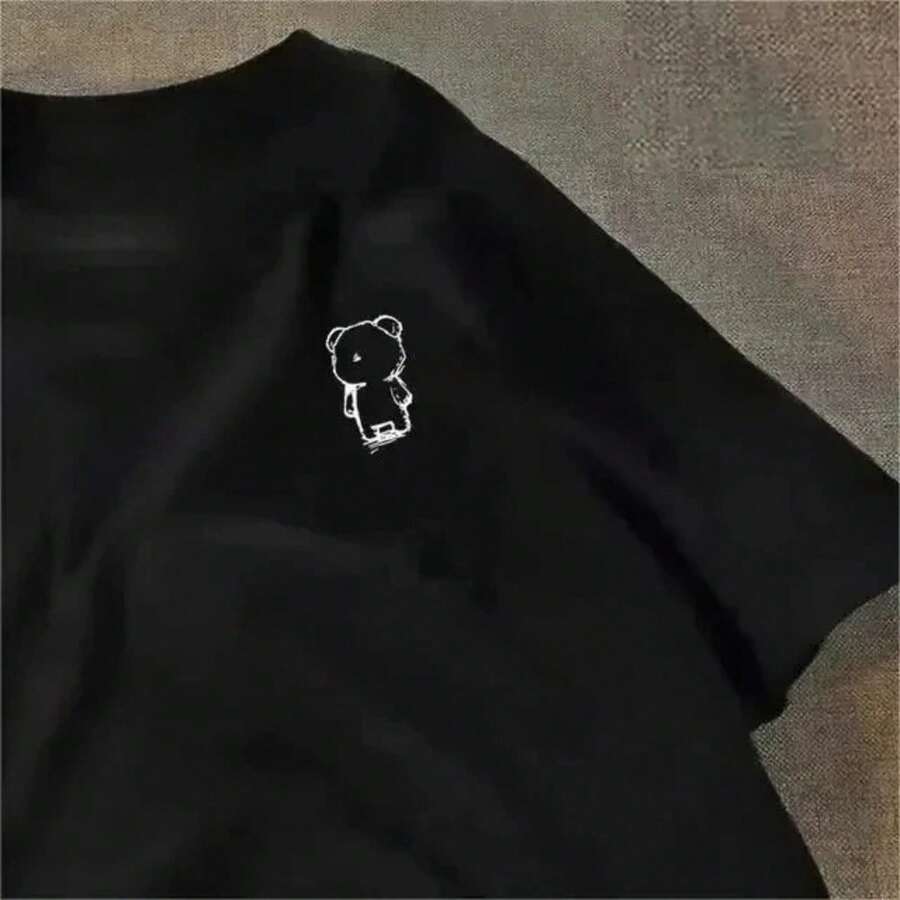 Camiseta de manga corta estampada para mujer, moda americana Ins, camiseta holgada informal para parejas, nueva camiseta sencilla Y2K, moda de verano - Negro - Ver 1