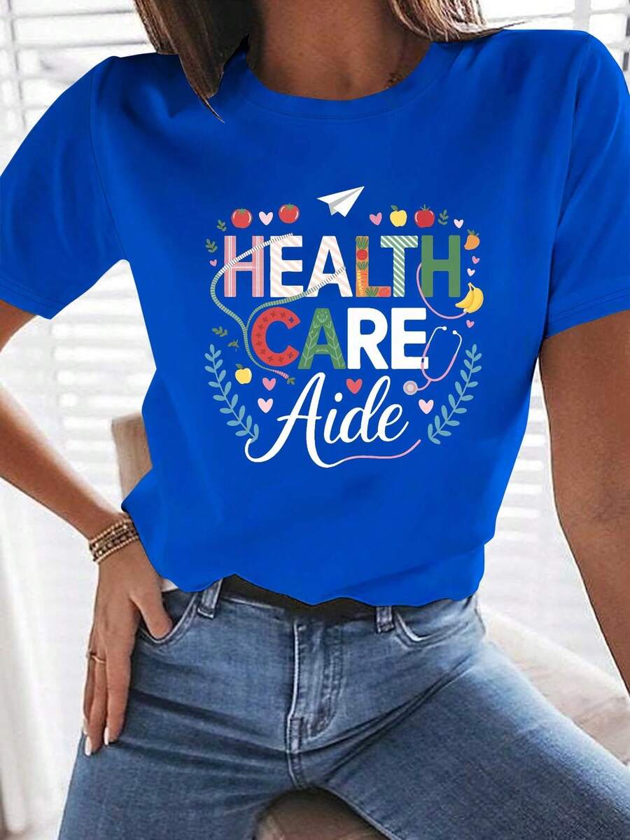 Women's Pure Cotton T-Shirt, Simple And Versatile Design, Health Care Assistant, Fresh Vegetables, Comfortable - Biru - View 1