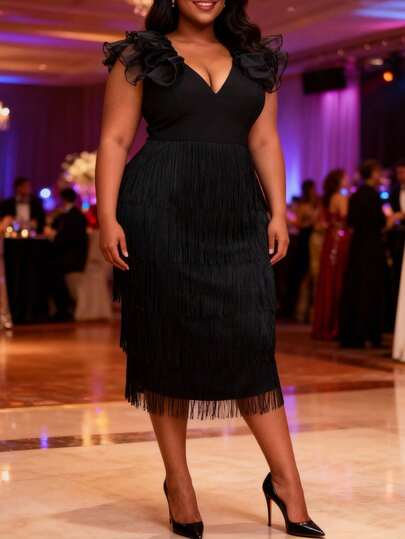 Plus Size Women's Black Multi-Layer Fringe Dress, V-Neck Ruffle Sleeveless Elegant Summer Formal Occasion Evening Party Gown