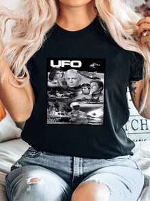 Camiseta de algodón puro para mujer con estampado de OVNI, serie de TV, impresión directa en tela, manga larga o corta. - negro - Ver 1