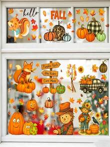 Stiker Jendela Bertema Musim Gugur, Desain Gaya Cat Air Menampilkan Pola Truk, , Daun Maple, dan Orang-orangan Sawah, Cocok untuk Dekorasi Rumah Bertema Thanksgiving dan Musim Gugur - A - View 3