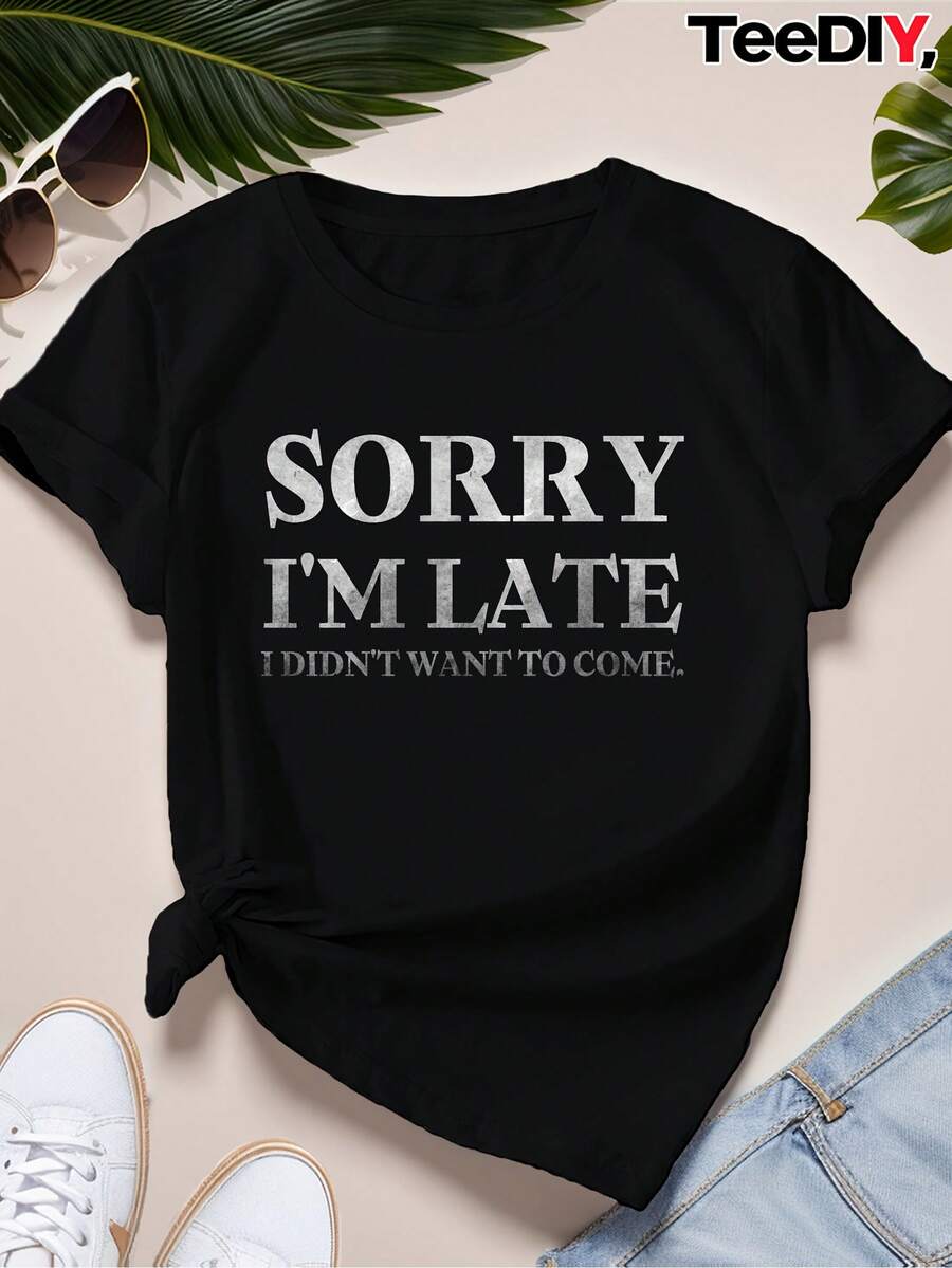 Camiseta deportiva de manga corta con cuello redondo y estampado nocturno para mujer, talla grande. - Negro - Ver 1