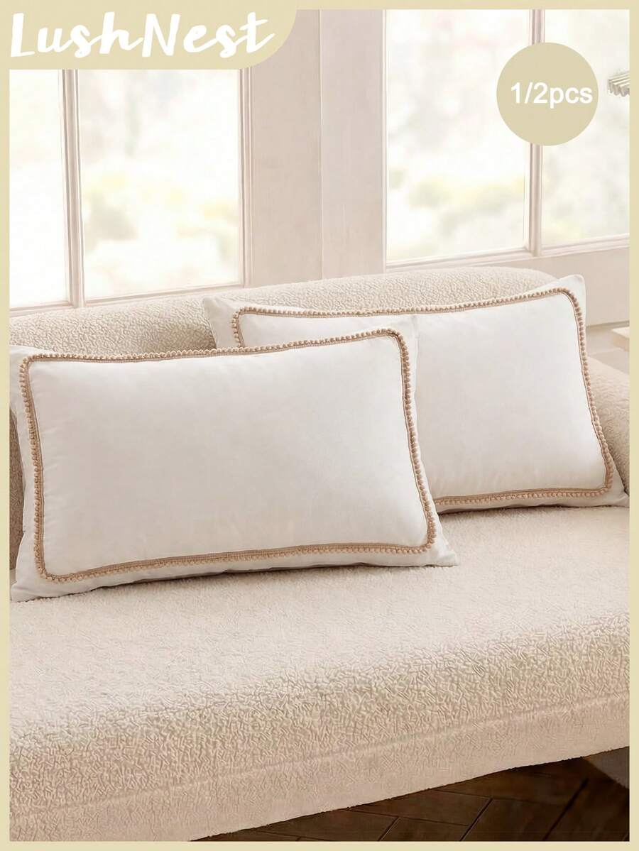 1/2 piezas Juego de fundas de almohada rectangulares con diseño de patchwork en color blanco & café con forma de pequeñas bolas - Incluye 1 o 2 fundas de almohada (relleno de almohada no incluido), reversible, estilo campestre fresco y lindo, ligero & transpirable, lavable a máquina - Multicolor - Ver 1