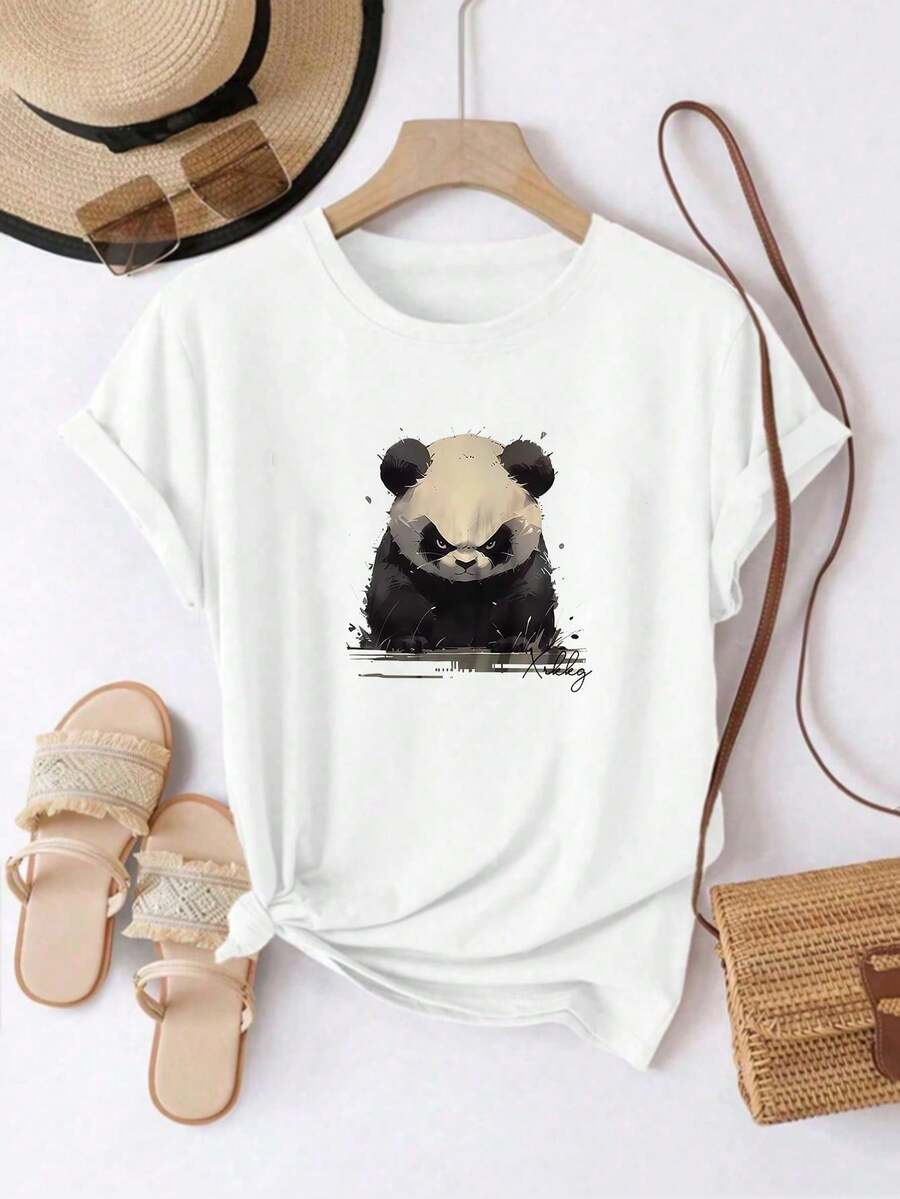 ¡Oferta por tiempo limitado, unidades limitadas, relámpago! Camisas casuales para mujer, camisetas de poliéster para mujer, camisas elegantes. Camiseta de manga corta estampada para mujer, casual, moderna, a la moda, con personalidad única, con estampado audaz de panda, estilo urbano, adecuada para primavera, verano y otoño - Blanco - Ver 1