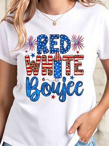 Red White Boujee Patriotic T-Shirt For Women Independence Day Celebration 4th Of July Party Outfit American Flag Design Casual Wear For Summer Festivals And Outdoor Events Suitable For Leisure And Sports Activities - trắng - Xem 1