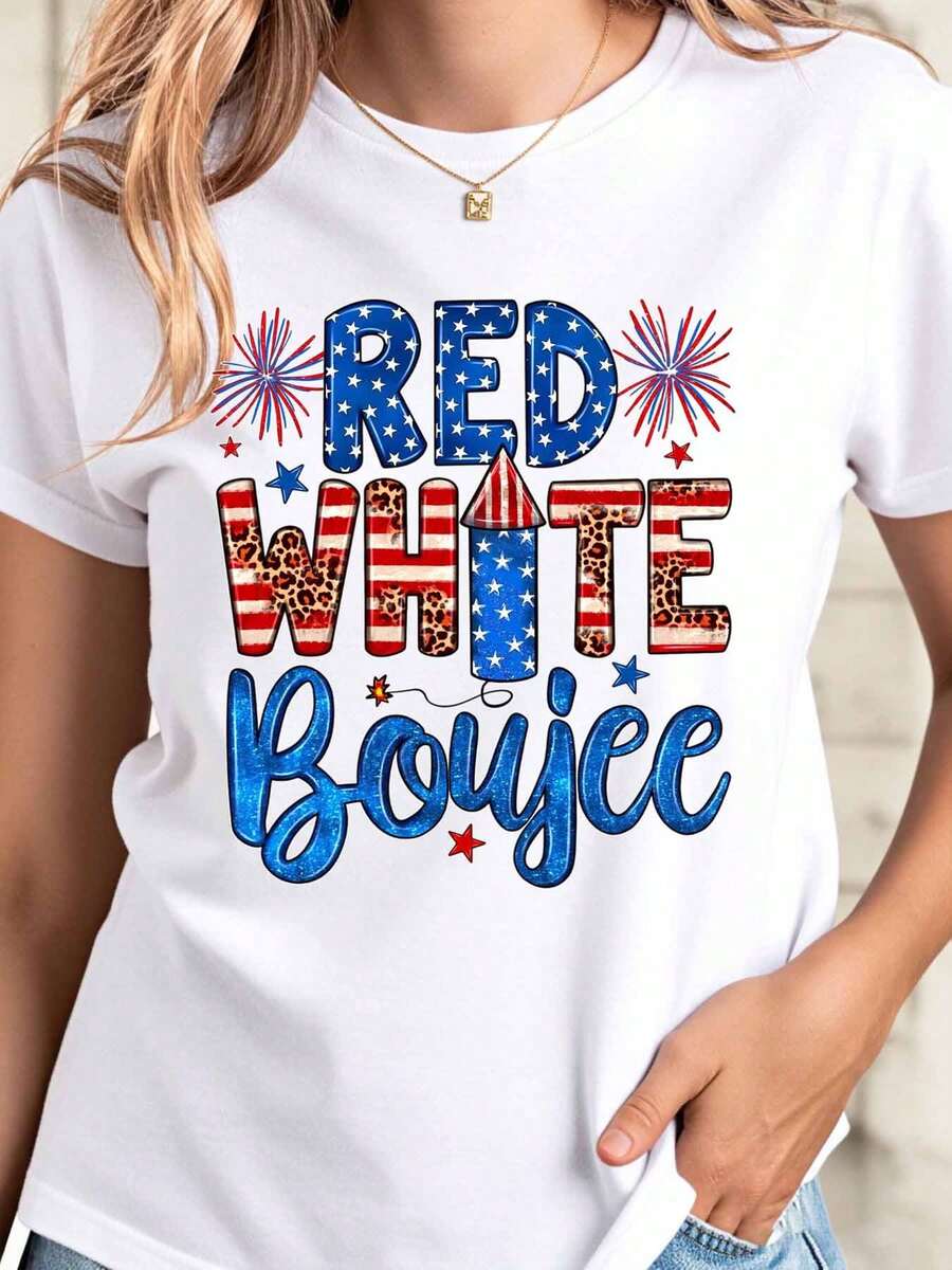 Red White Boujee Patriotic T-Shirt For Women Independence Day Celebration 4th Of July Party Outfit American Flag Design Casual Wear For Summer Festivals And Outdoor Events Suitable For Leisure And Sports Activities - trắng - Xem 1