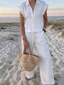 Just Masa Women's Elegant Solid Color Cotton 2-Piece Summer Casual Set, Includes Loose Short Sleeve Roll-Neck Blouse And Wide Leg Pants With Elastic Waistband, Suitable For Vacation, Travel, Work, Dates, Beach And Daily Wear - 黑色 - 查看 5
