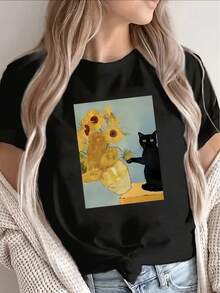 Camiseta de manga corta de poliéster negro con cuello redondo, decorada con estampados de gato y girasol, estilo ligero e informal, adecuada para el hogar, cafeterías o entornos al aire libre, diseño cómodo y duradero, ideal para el uso diario. Blusas Para Mujer Casual - Negro - Ver 7