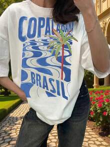 Camiseta con Estampado Gráfico y Hombros Caídos, Manga Corta, Cuello Redondo, Estilo Casual para Primavera y Verano, Ropa de Mujer - Negro - Ver 1