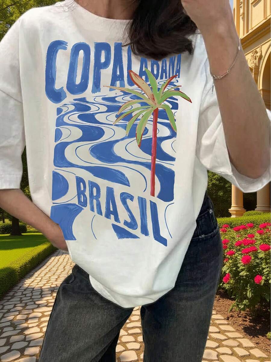 Camiseta con Estampado Gráfico y Hombros Caídos, Manga Corta, Cuello Redondo, Estilo Casual para Primavera y Verano, Ropa de Mujer - Negro - Ver 1