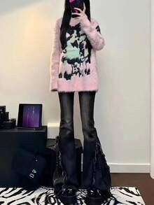 Vaqueros grises de cintura baja con corte ligeramente acampanado para mujer, nuevo modelo exclusivo, estilo retro con bordes deshilachados y largo hasta los pies - Negro - Ver 4