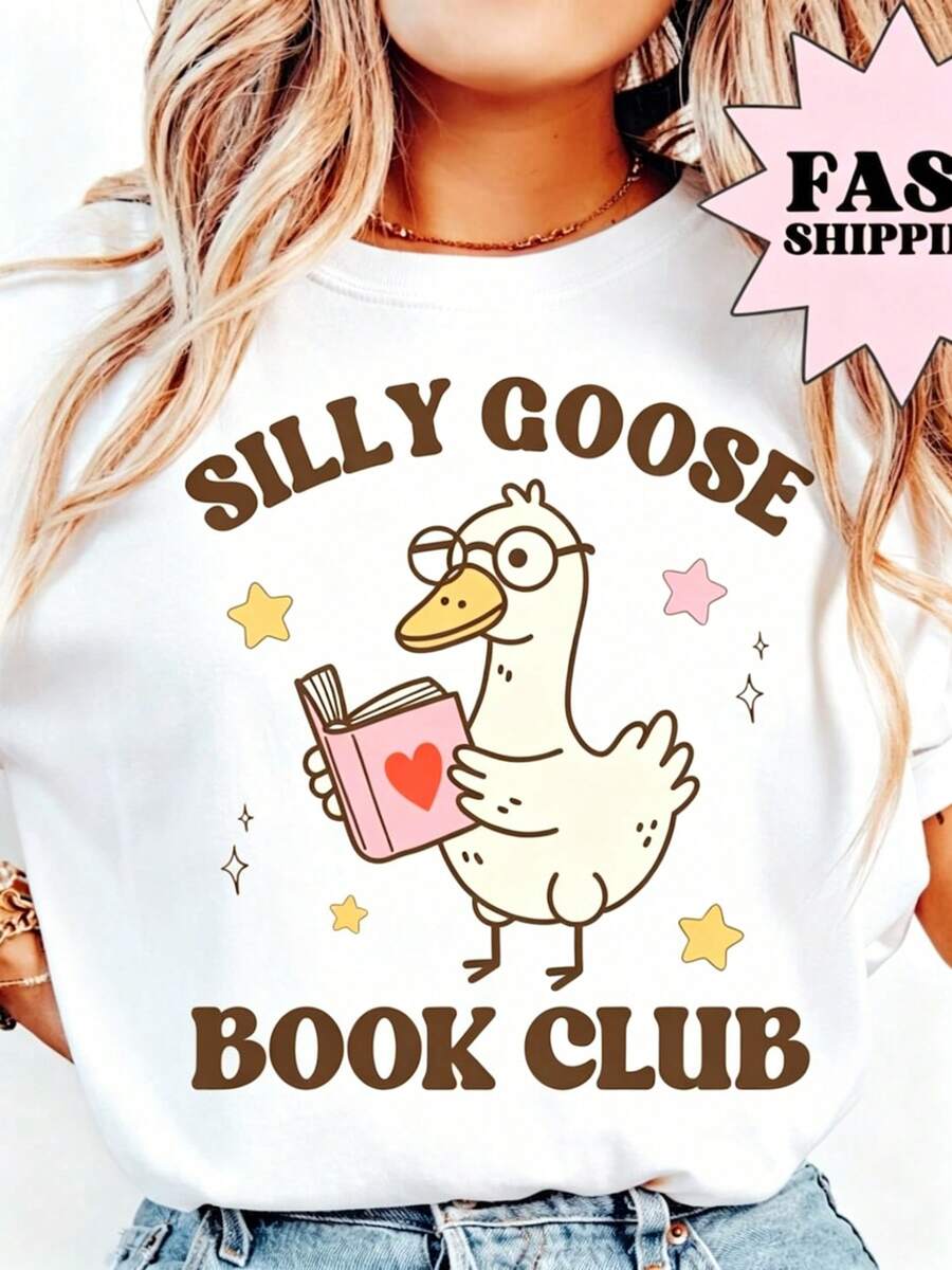 Camiseta de Ganso Leyendo, Camiseta de Ganso Divertida, Camiseta Divertida, Camiseta para Club de Lectura, Camiseta Linda para Ella, Camiseta de Ganso Divertida. Camiseta de Lectura, Camiseta de Algodón, Camiseta Clásica de Manga Corta de Algodón Grueso, Camiseta con Estampado Gráfico, Camiseta Casual de Manga Corta para Mujer - Blanco - Ver 1