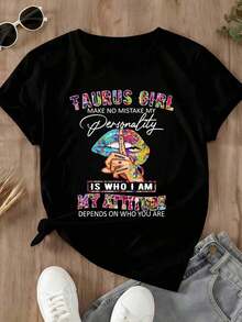 Conjuntos de verano para mujer: Camiseta de manga corta de talla grande para mujer con diseño de labios coloridos y signo zodiacal "Taurus Girl Make No Mistake My Personality Is Who I Am" para uso casual. - Negro - Ver 3