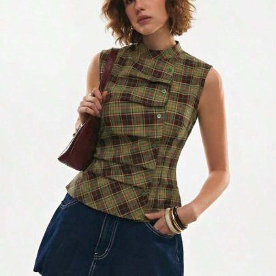 Chaleco casual de mujer de un solo pecho con pliegues a cuadros - Café integral - Ver 1