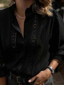 Ropa de mujer para otoño. Blusa de manga larga de unicolor con cuello vuelto, con parches de encaje, de estilo casual y elegante. La camisa de mujer talla grande popular y hermosa para salir, adecuada para primavera/otoño, hogar, vida diaria, trabajo y citas. Verano - Negro - Ver 3