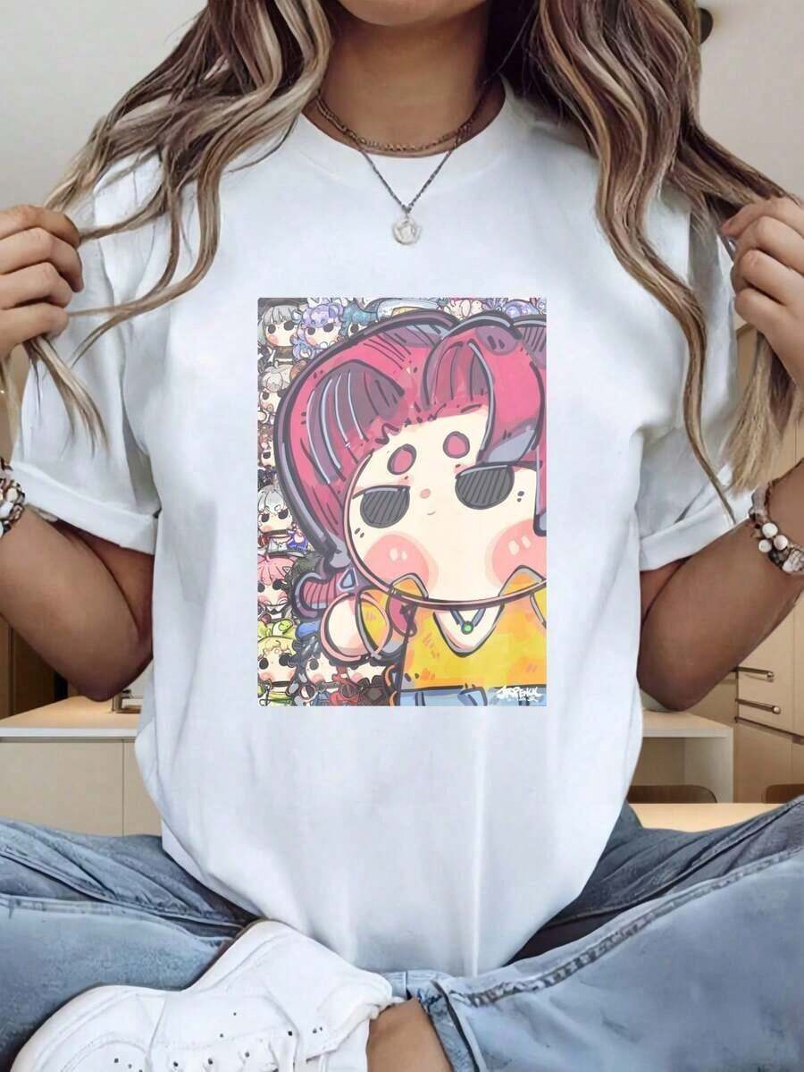 Women's White T-Shirt With Cute Anime Girl Print, Fashionable Casual Style, Urban Graphic Tee | Exquisite Design | Loose And Comfortable | Easy To Match | - 白色 - 查看 1