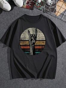 1 pieza de camiseta de manga corta informal para mujer con estampado gráfico de gesto de mano estilo rock and roll vintage, top de moda de verano, 210g, 100% algodón, los diseños están completamente impresos. Unisexo. - Negro - Ver 3